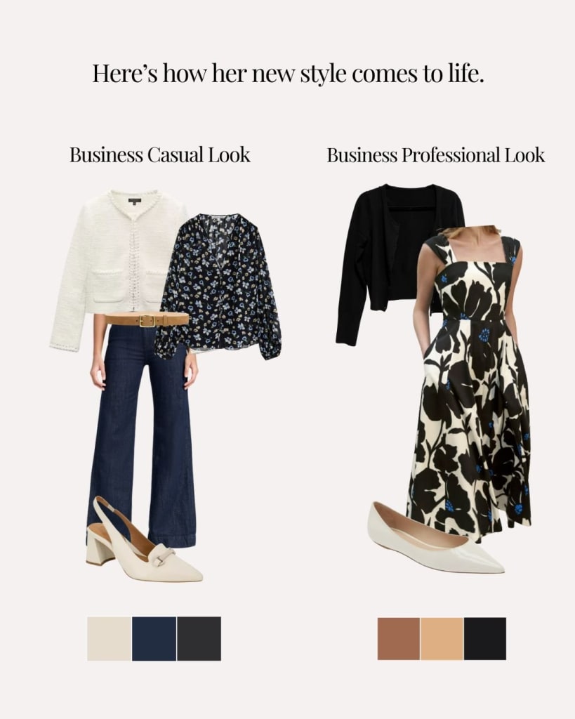 Two women side by side: one in a white jacket, floral blouse, flared jeans, and loafers (business casual); the other in a floral dress, black jacket, and flats (business professional).